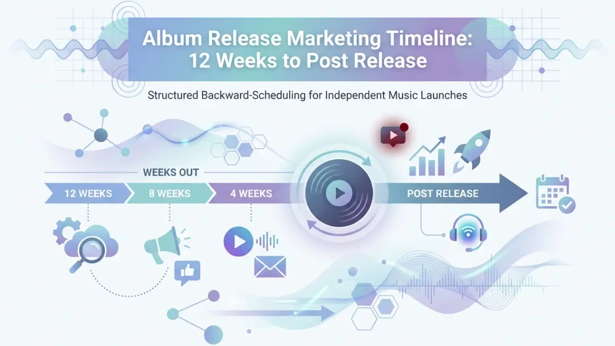 Professional header image for step-by-step guide: Album Release Marketing Timeline: 12 Weeks to Post Release