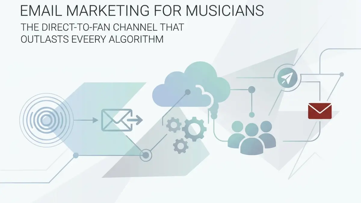 Professional header image for educational tutorial: Email Marketing for Musicians: The Direct-to-Fan Channel ...